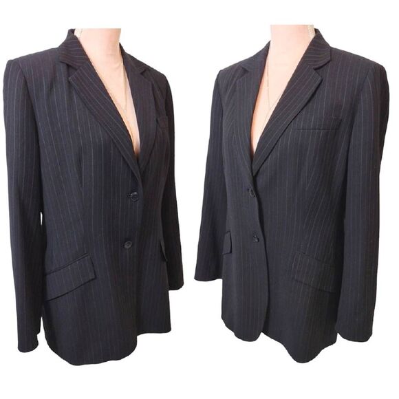 LOFT Y2K Plus 14P Black Grey Wool Blend Pen Stripe Single Breasted Blazer - Picture 13 of 14